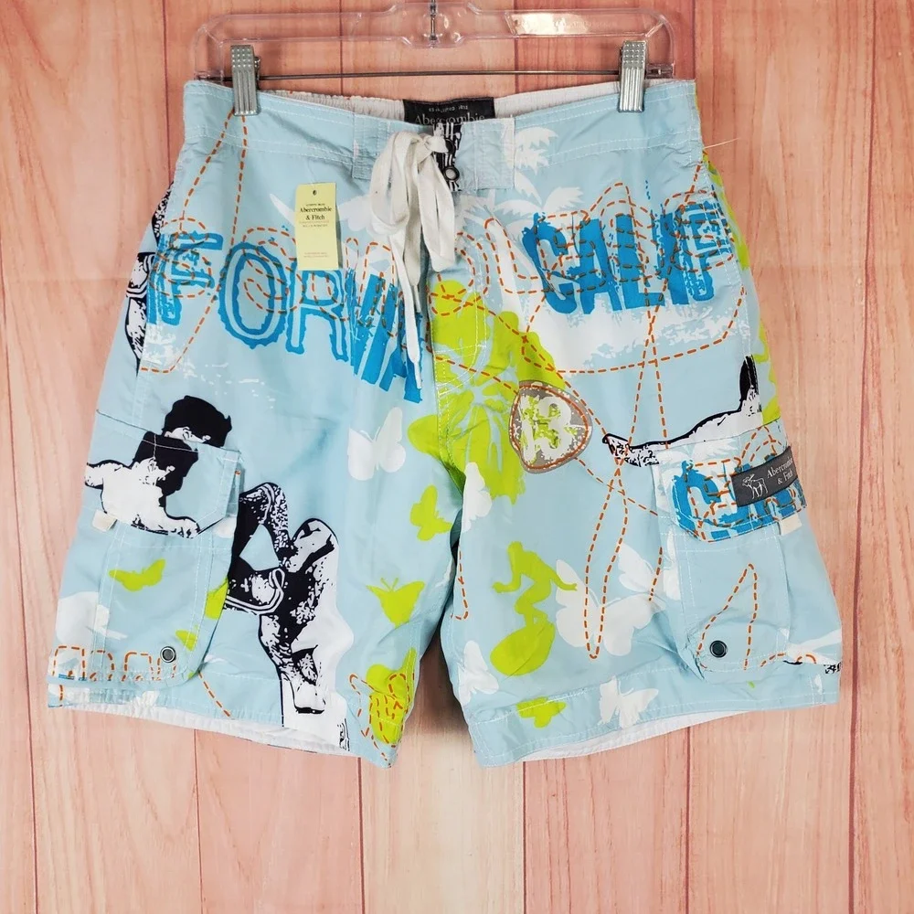 Abercrombie & Fitch Mens Board Shorts Sz Medium Light Blue Graphic Map Y2K